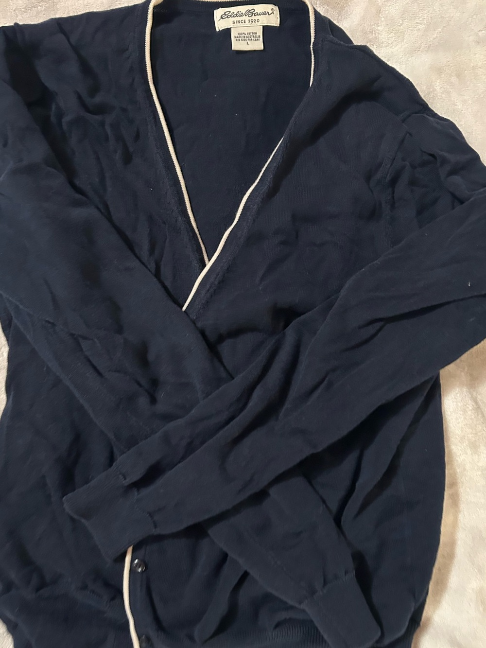 Eddie Bauer Navy Cardigan with Cream Contrast Trim